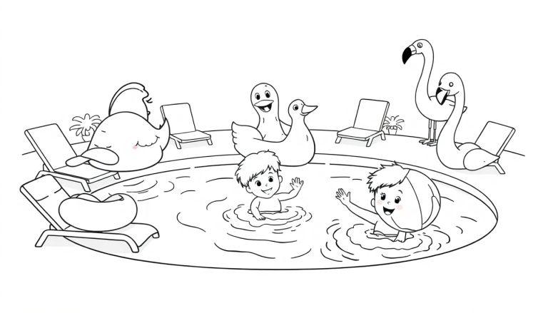 Eine Schwarz-Weiß-Farbtafel einer Poolszene mit zwei Jungen im Wasser, umgeben von aufblasbaren Spielzeugen und Liegestühlen.