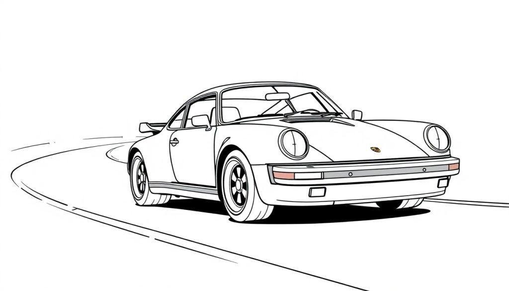 Schwarzweißzeichnung eines Porsche 911 auf einer kurvenreichen Straße