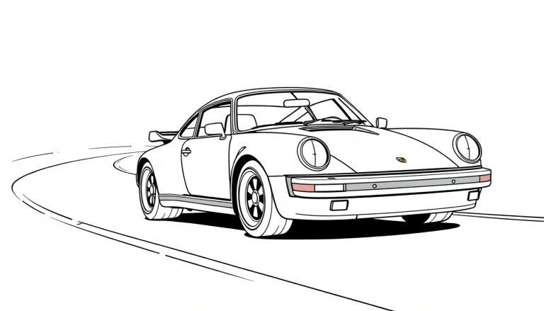 Schwarzweißzeichnung eines Porsche 911 auf einer kurvenreichen Straße