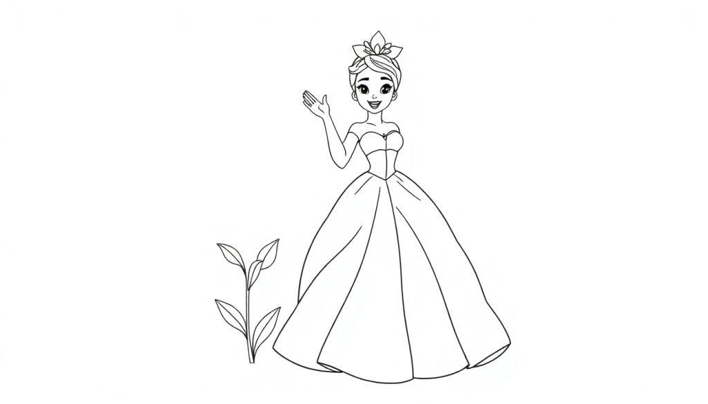 Schwarz-weiß Farbtafel von Prinzessin Tiana, die fröhlich winkt.