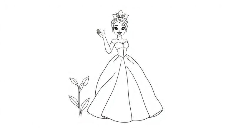 Schwarz-weiß Farbtafel von Prinzessin Tiana, die fröhlich winkt.
