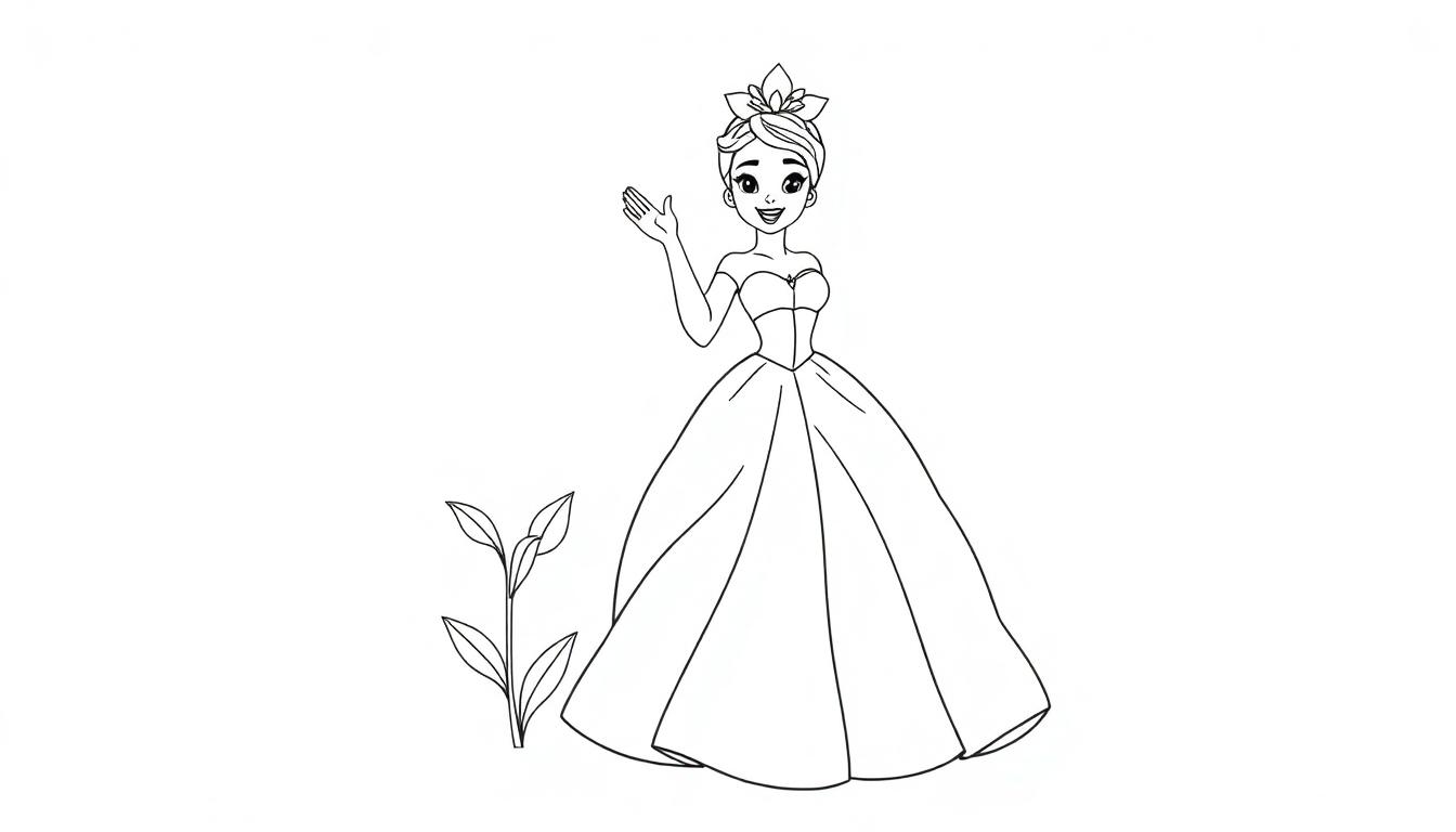 Schwarz-weiß Farbtafel von Prinzessin Tiana, die fröhlich winkt.