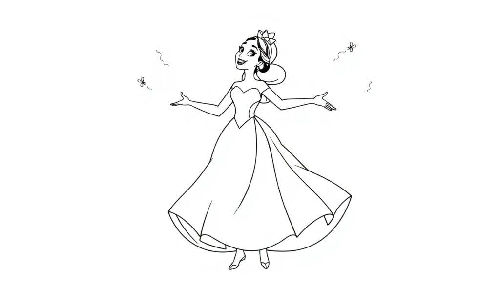 Eine Schwarz-Weiß-Farbtafel einer Prinzessin mit ausgestreckten Armen und einer Krone, umgeben von fliegenden Schnörkeln.