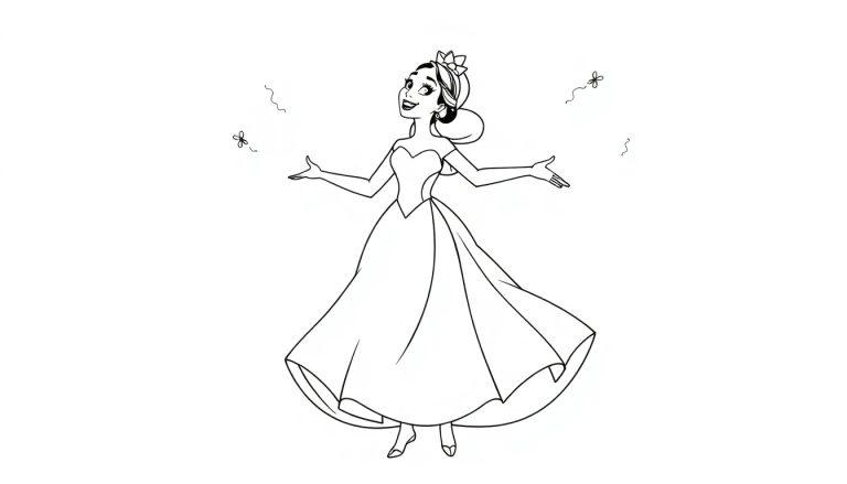 Eine Schwarz-Weiß-Farbtafel einer Prinzessin mit ausgestreckten Armen und einer Krone, umgeben von fliegenden Schnörkeln.