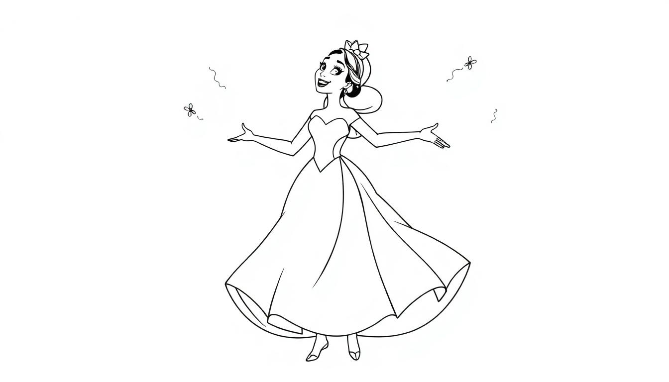 Eine Schwarz-Weiß-Farbtafel einer Prinzessin mit ausgestreckten Armen und einer Krone, umgeben von fliegenden Schnörkeln.
