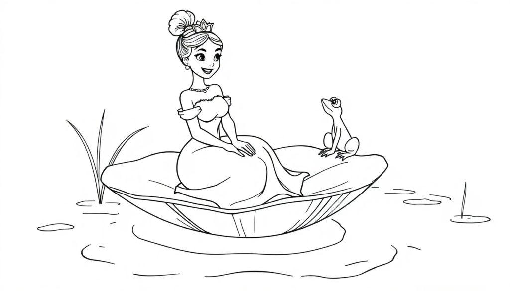Ein süßes schwarz-weißes Ausmalbild von Prinzessin Tiana mit ihrem Froschfreund auf einer Lilienblüte für eine Farbtafel.