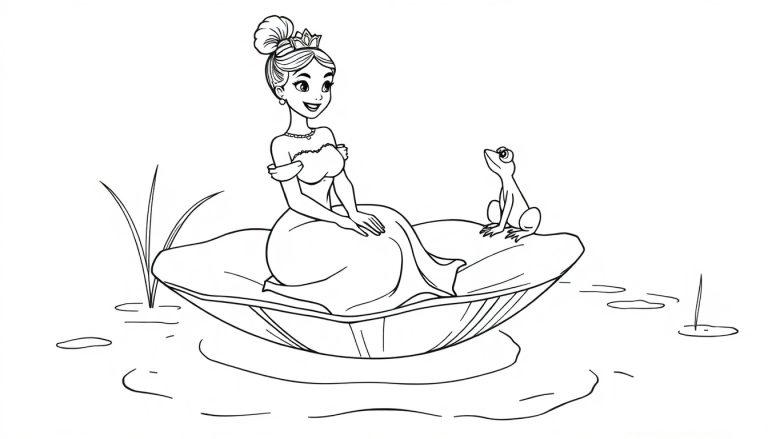 Ein süßes schwarz-weißes Ausmalbild von Prinzessin Tiana mit ihrem Froschfreund auf einer Lilienblüte für eine Farbtafel.