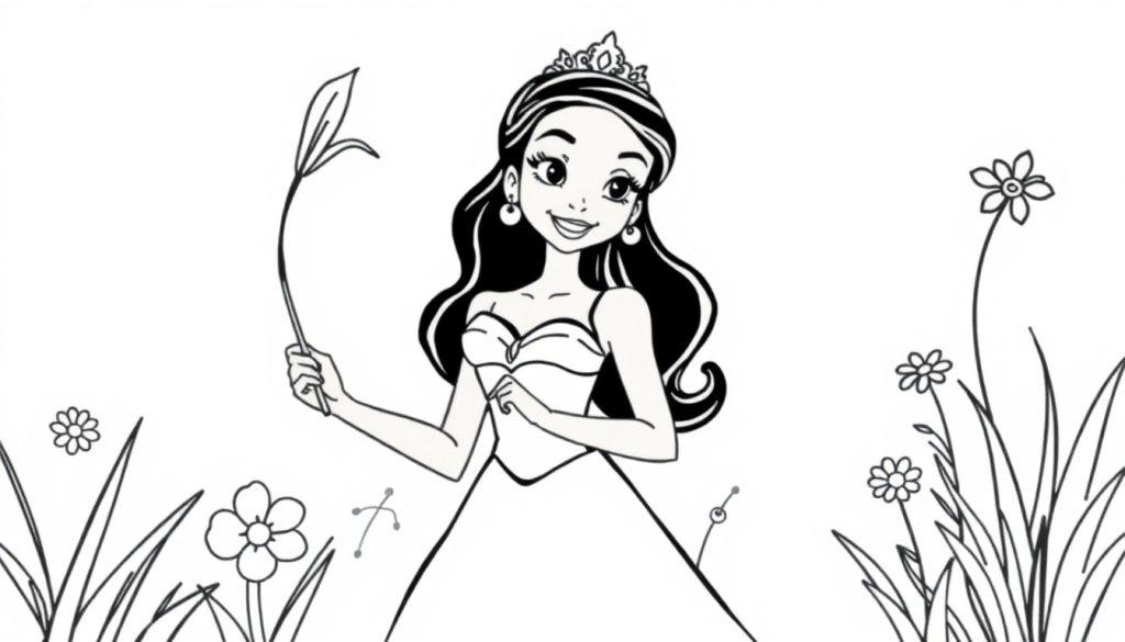 Eine Cartoon-Farbtafel einer lächelnden Prinzessin mit einer Tiara und einer Lilie in der Hand, umgeben von einer Blumenwiese.