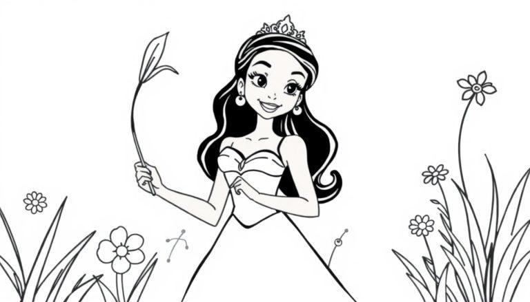 Eine Cartoon-Farbtafel einer lächelnden Prinzessin mit einer Tiara und einer Lilie in der Hand, umgeben von einer Blumenwiese.