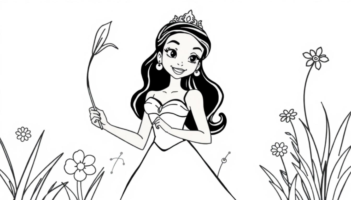 Eine Cartoon-Farbtafel einer lächelnden Prinzessin mit einer Tiara und einer Lilie in der Hand, umgeben von einer Blumenwiese.
