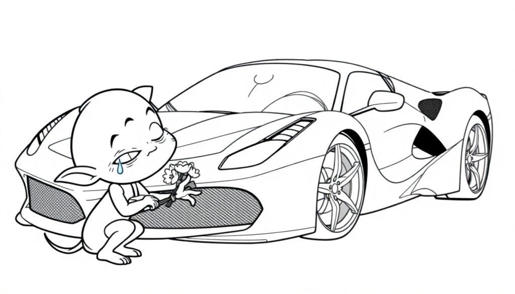 Ein trauriger Pumuckl kniet vor einem roten Sportwagen und hält Blumen.