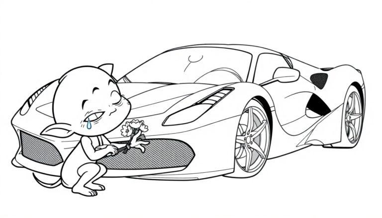 Ein trauriger Pumuckl kniet vor einem roten Sportwagen und hält Blumen.