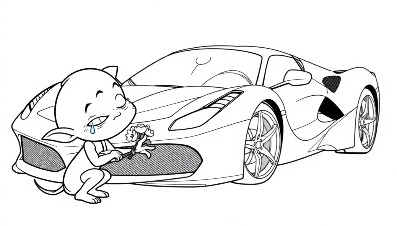 Ein trauriger Pumuckl kniet vor einem roten Sportwagen und hält Blumen.