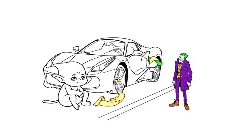 Pumuckl sitzt traurig neben seinem beschädigten Ferrari, mit dem Joker im Hintergrund und einer Bananenschale daneben.