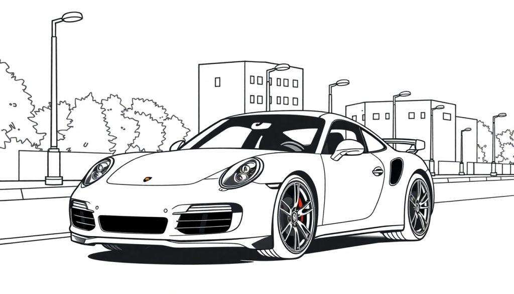 Cartoon-Zeichnung eines weißen Porsche 911 Turbo mit roten Bremsen steht auf einer Straße.