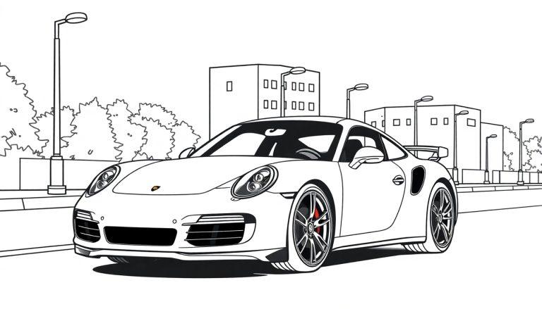 Cartoon-Zeichnung eines weißen Porsche 911 Turbo mit roten Bremsen steht auf einer Straße.
