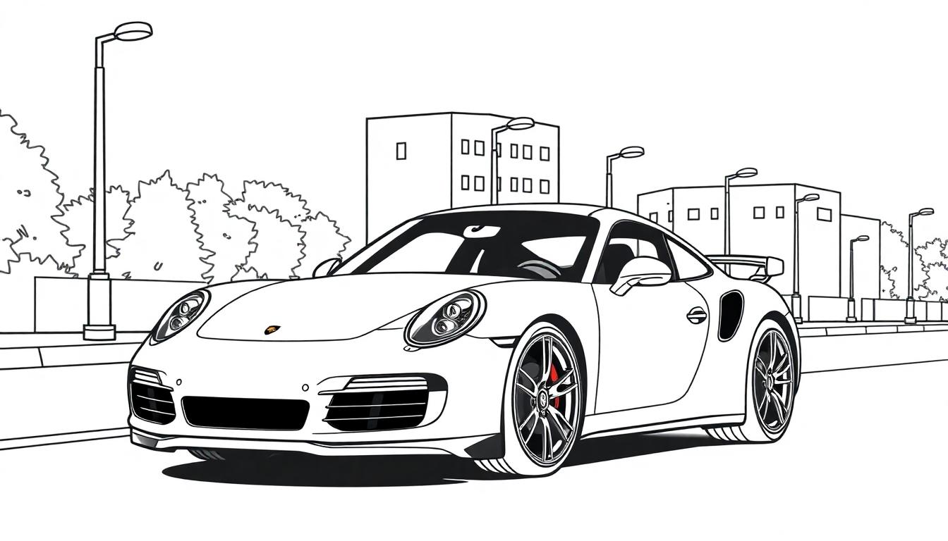 Cartoon-Zeichnung eines weißen Porsche 911 Turbo mit roten Bremsen steht auf einer Straße.