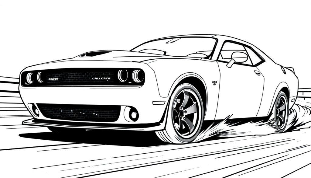 Schwarz-weiße Comic-Zeichnung eines Dodge Challengers in Bewegung