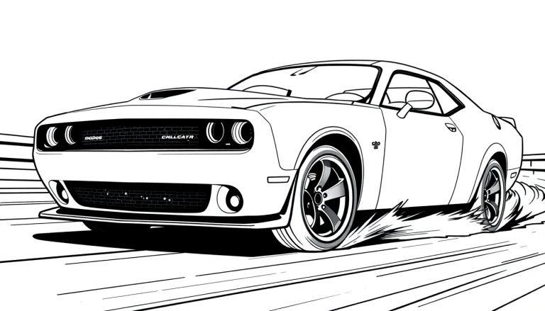 Schwarz-weiße Comic-Zeichnung eines Dodge Challengers in Bewegung
