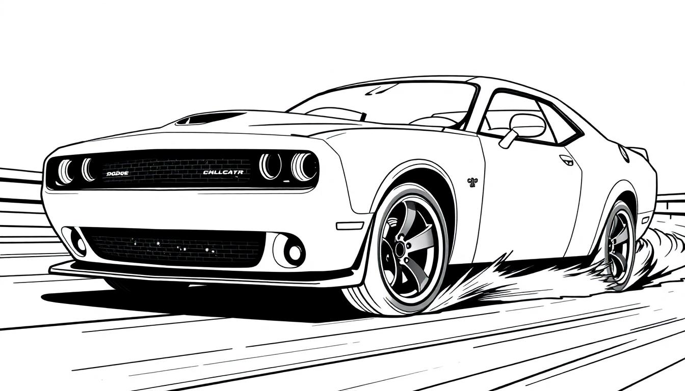 Schwarz-weiße Comic-Zeichnung eines Dodge Challengers in Bewegung