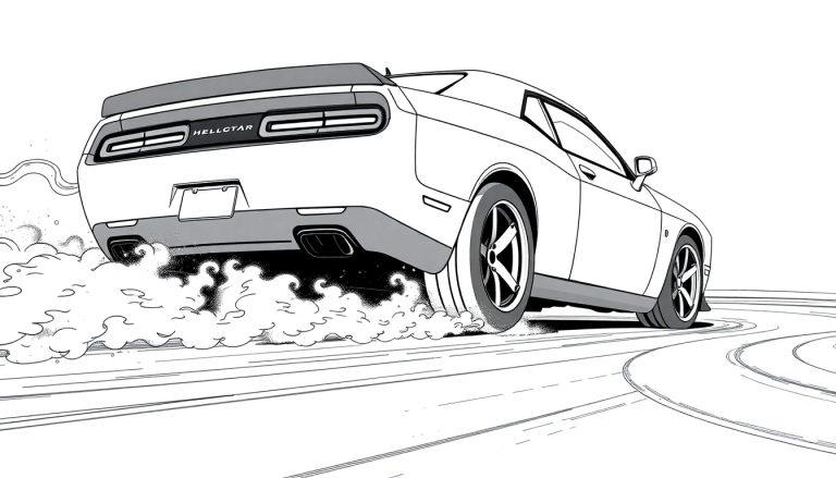 Schwarz-weißer Cartoon-Sportwagen macht einen Drift, Rauch steigt von den Reifen auf.