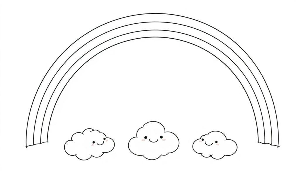 Schwarz-weiße Farbtafel eines Regenbogens mit drei Bögen und fröhlichen Wolken, die Gesichter haben.