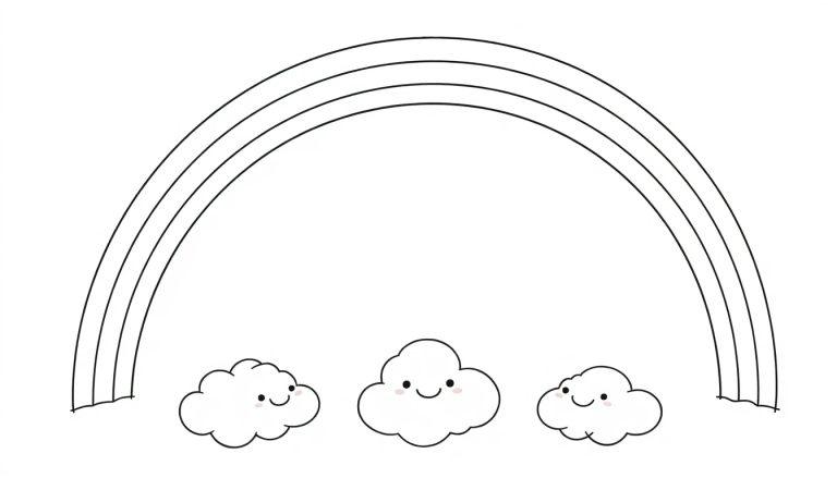 Schwarz-weiße Farbtafel eines Regenbogens mit drei Bögen und fröhlichen Wolken, die Gesichter haben.