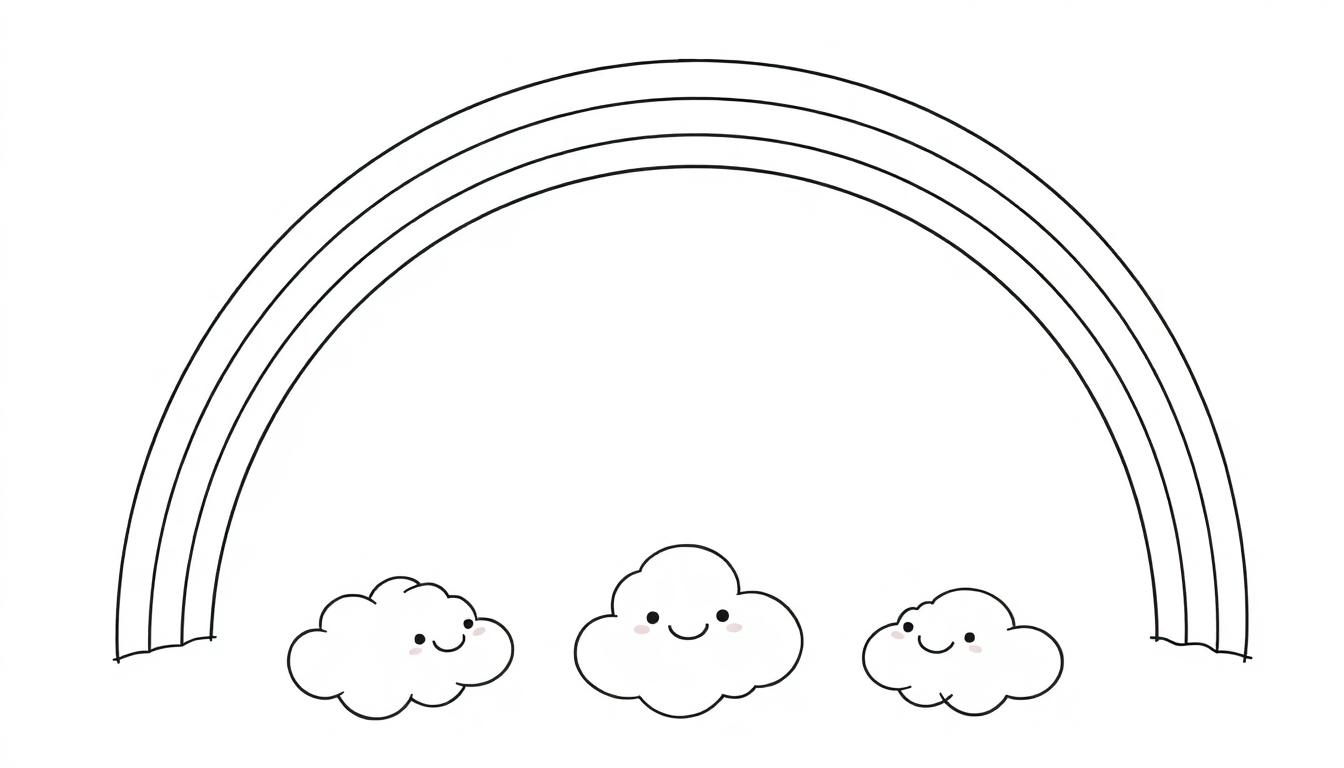 Schwarz-weiße Farbtafel eines Regenbogens mit drei Bögen und fröhlichen Wolken, die Gesichter haben.