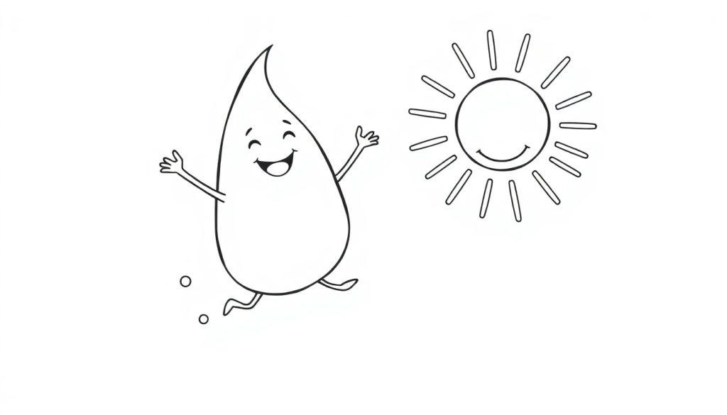 Eine Cartoon-Farbtafel mit einem fröhlichen Regentropfen, der mit einer lachenden Sonne tanzt.