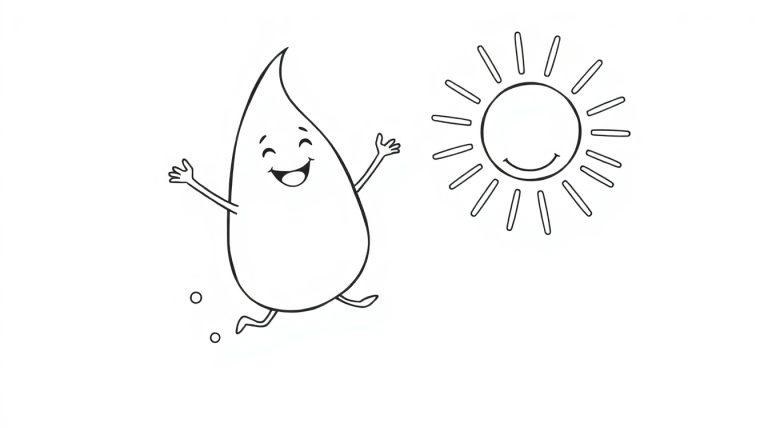 Eine Cartoon-Farbtafel mit einem fröhlichen Regentropfen, der mit einer lachenden Sonne tanzt.