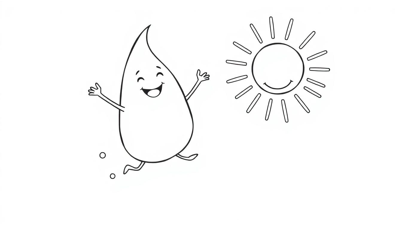 Eine Cartoon-Farbtafel mit einem fröhlichen Regentropfen, der mit einer lachenden Sonne tanzt.
