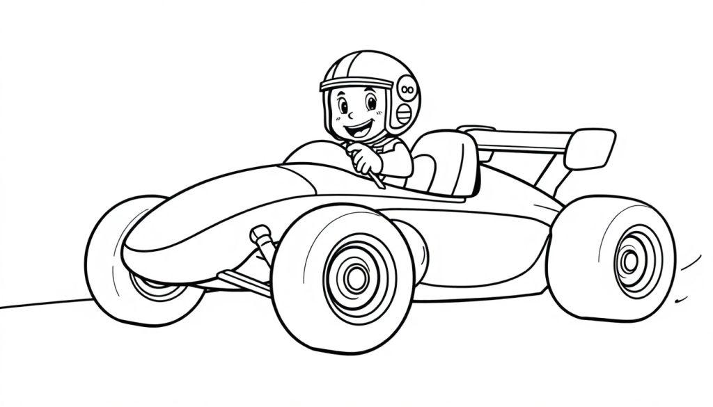 Cartoon-Farbtafel eines Rennfahrers in einem Formel-1-Auto.
