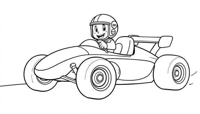 Cartoon-Farbtafel eines Rennfahrers in einem Formel-1-Auto.