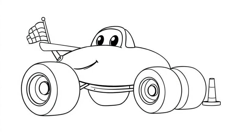 Schwarz-weiße Farbtafel eines lustigen Cartoon-Rennwagens mit großen Augen und einem lächelnden Mund.