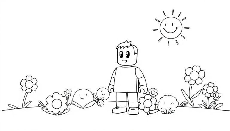 Schwarz-weiße Farbtafel-Illustration einer Roblox-Figur auf einer bunten Insel.
