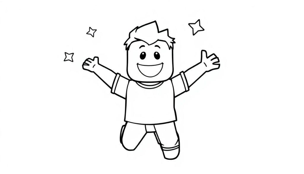 Schwarz-weiße Farbtafel-Illustration eines Roblox-Charakters mit erhobenen Armen und Sternen.