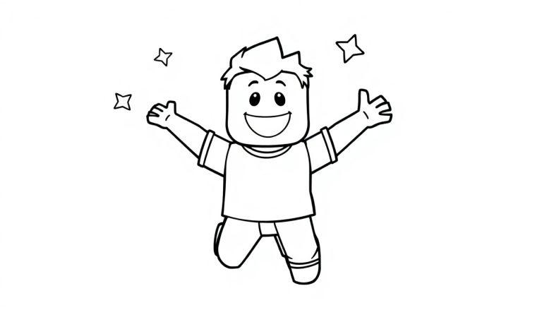 Schwarz-weiße Farbtafel-Illustration eines Roblox-Charakters mit erhobenen Armen und Sternen.