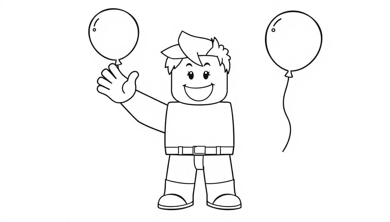 Schwarz-weiße Farbtafel eines lächelnden Roblox-Charakters mit zwei Ballons.