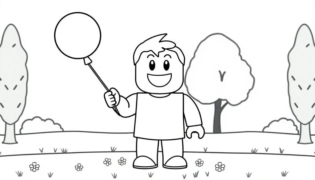 Ein niedlicher Roblox-Avatar als Schwarz-Weiß-Farbtafel mit einem Ballon.