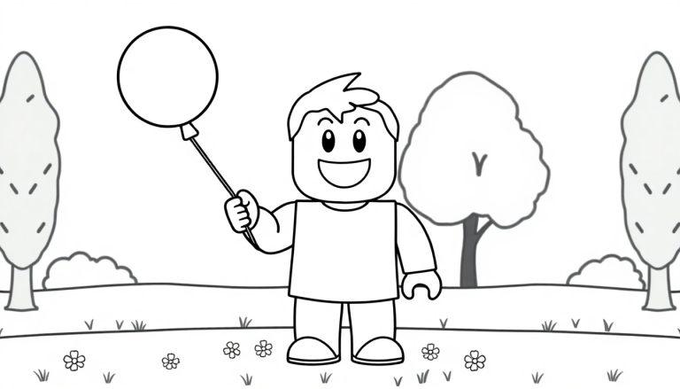 Ein niedlicher Roblox-Avatar als Schwarz-Weiß-Farbtafel mit einem Ballon.