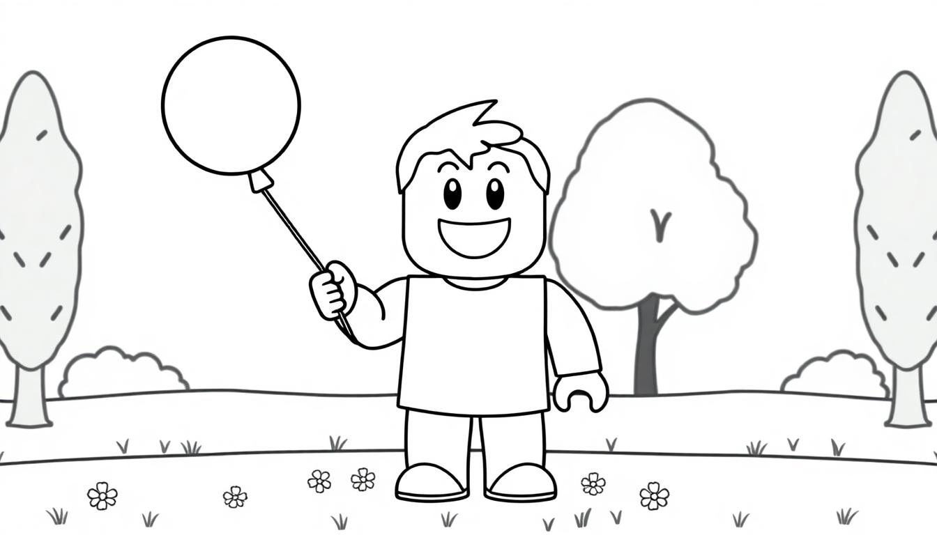 Ein niedlicher Roblox-Avatar als Schwarz-Weiß-Farbtafel mit einem Ballon.