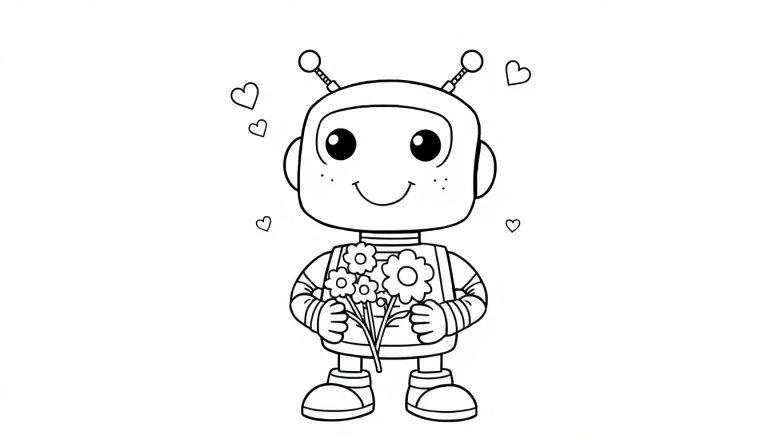 Ein niedlicher Cartoon-Roboter im Umrissstil mit einem quadratischen Kopf, runden Augen, einem Smiley-Mund und Antennen, der einen Blumenstrauß hält. Ein Ausmalbild im Schwarz-Weiß-Stil mit Herzen, bereit für eine Farbtafel.