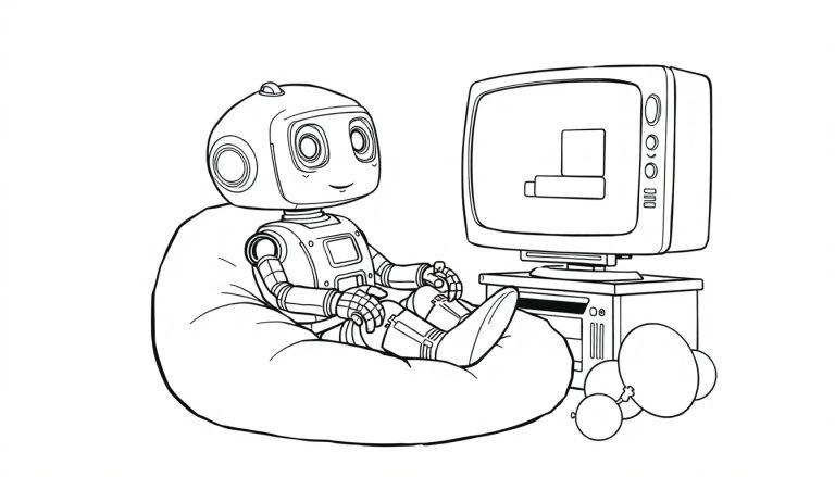 Ein niedlicher Cartoon-Roboter sitzt in einem Sitzsack und schaut einen alten Fernseher, der auf einem Nachttisch steht, mit Ballons darunter. Eine Farbtafel-Vorlage.