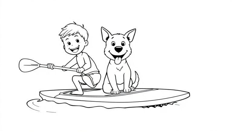 Schwarz-weiß Farbtafel Malvorlage: Ein Junge und sein Hund genießen das Paddeln auf einem Surfbrett im Wasser.