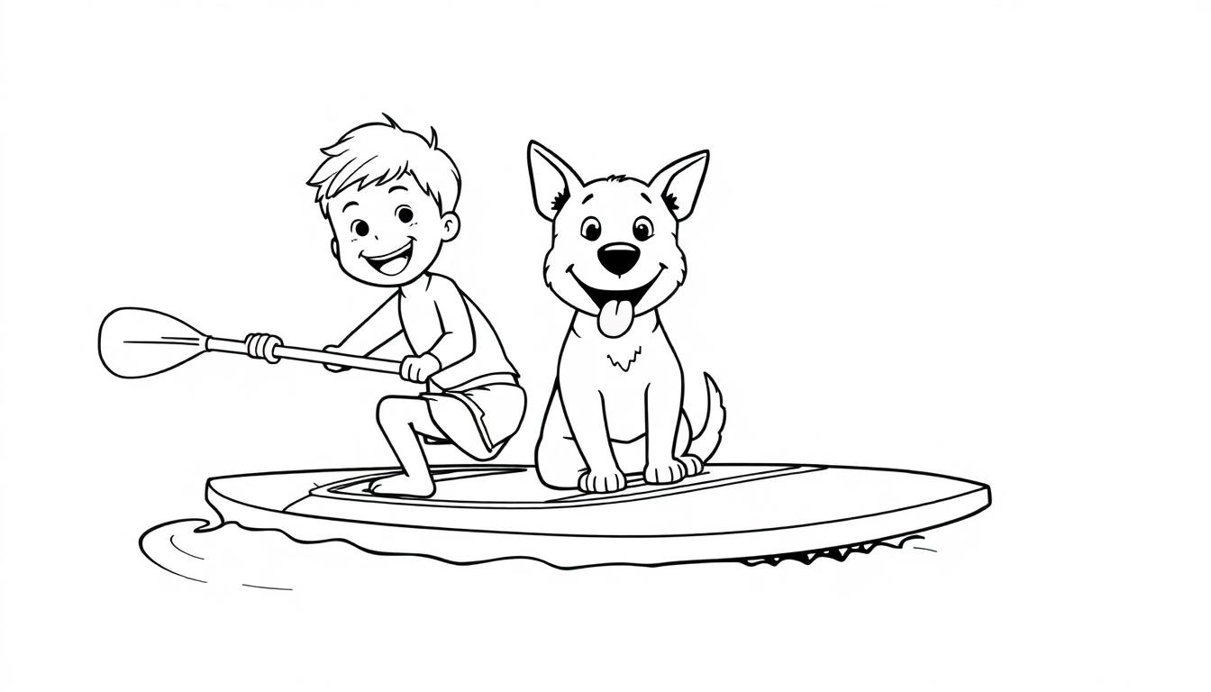 Schwarz-weiß Farbtafel Malvorlage: Ein Junge und sein Hund genießen das Paddeln auf einem Surfbrett im Wasser.