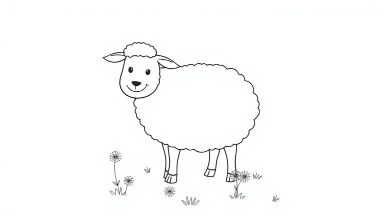 Schwarz-weiße Cartoon-Farbtafel eines freundlichen Schafes auf einer Wiese mit Löwenzahn.