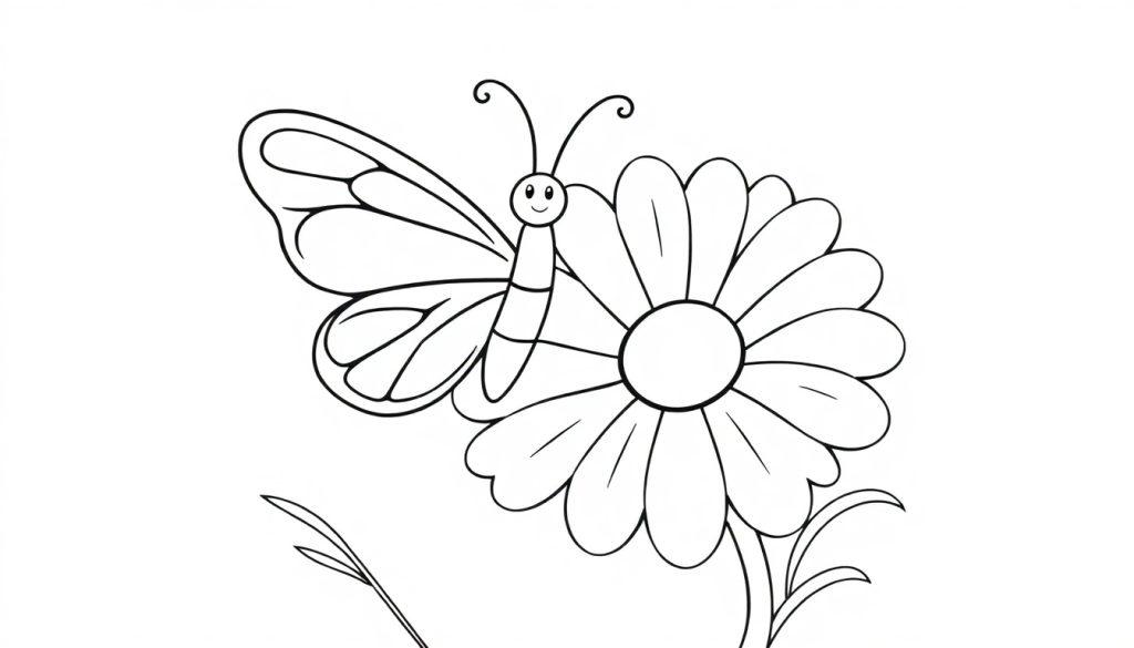 Schwarz-weiße Farbtafel einer Cartoon-Schmetterlingsfigur auf einer Blume.