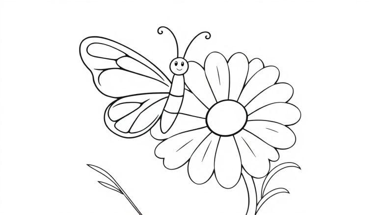 Schwarz-weiße Farbtafel einer Cartoon-Schmetterlingsfigur auf einer Blume.