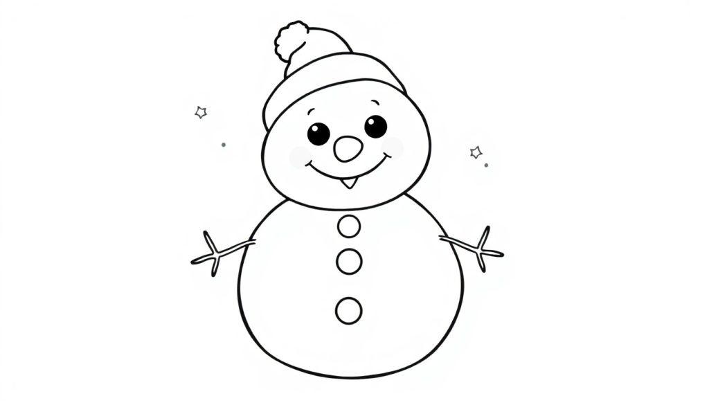 Schwarz-weiße Farbtafel eines niedlichen Schneemanns zum Ausmalen mit Karottennase und Knöpfen.