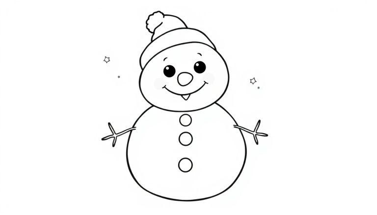 Schwarz-weiße Farbtafel eines niedlichen Schneemanns zum Ausmalen mit Karottennase und Knöpfen.